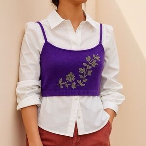 Zara Floral Beaded Purple Wool Blend Knit Crop Tank Women’s Size S